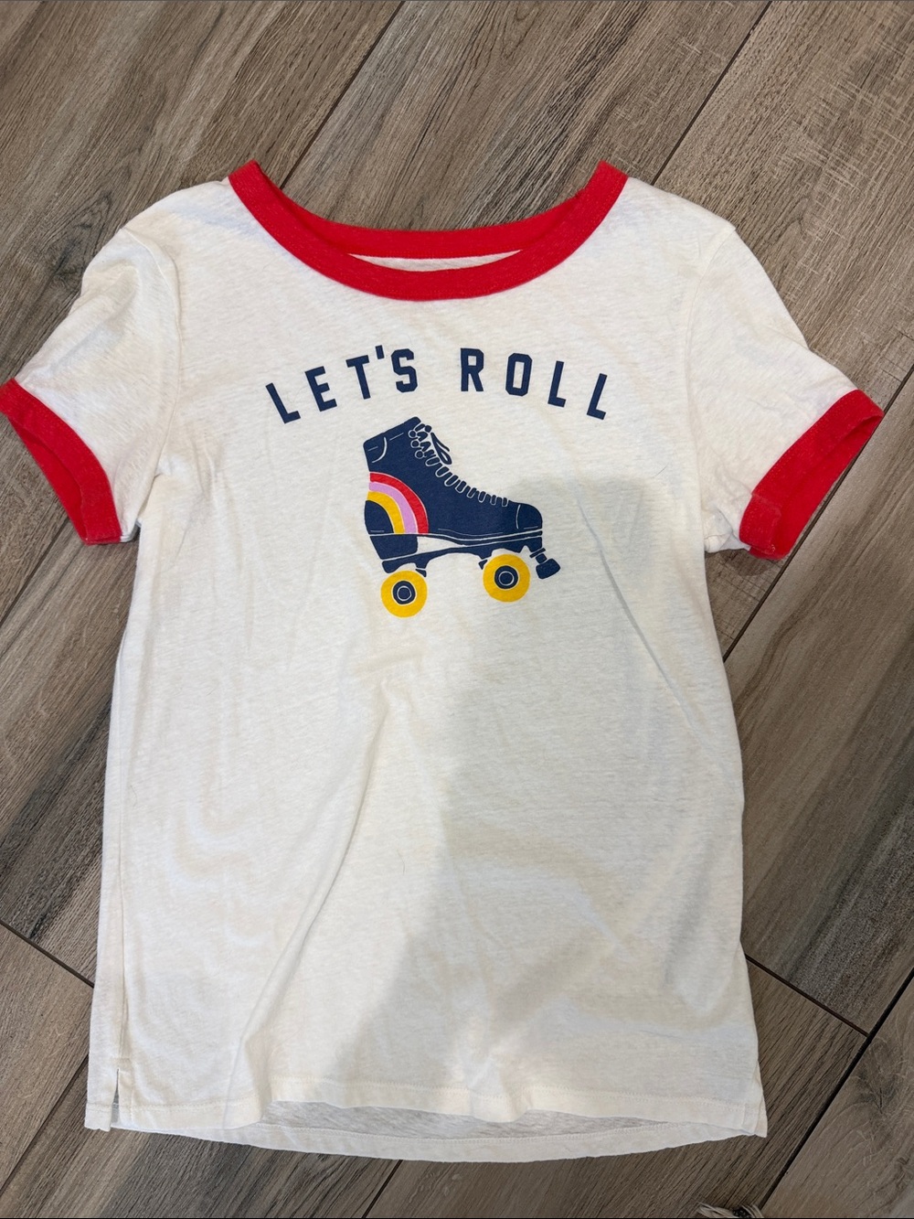 Old Navy White Tee with Red Trim and Navy Roller Skate Graphic